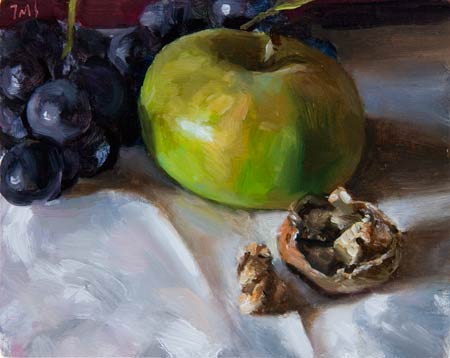 daily painting titled Apple, Grapes and Walnut
