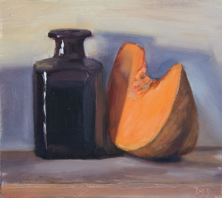 daily painting titled Pumpkin Slice and Bottle