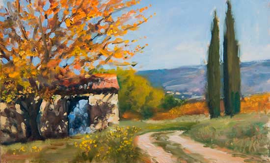 daily painting titled Cabanon with Autumn Leaves