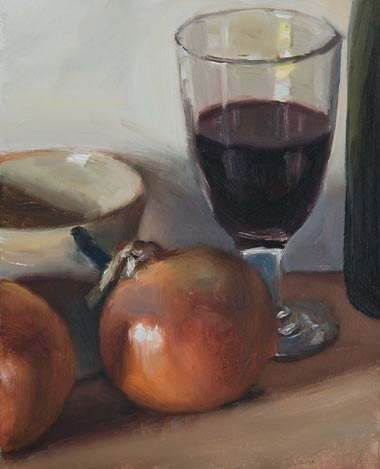 daily painting titled Still Life with Red Wine Glass, and Onions