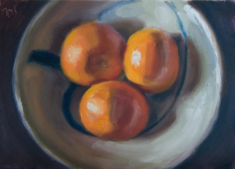 daily painting titled Three Clementines in a Bowl