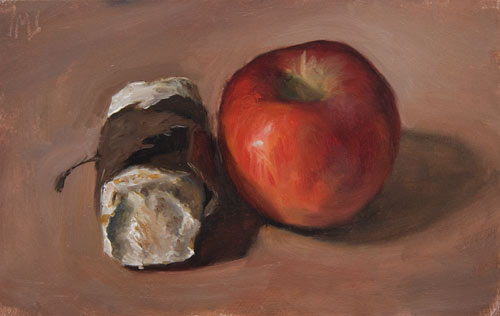 daily painting titled Red Apple with a Goats Cheese wrapped in a Chestnut Leaf