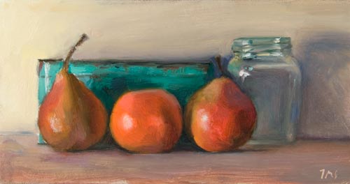 daily painting titled Still Life with Pears, Clementine, Blue Tin and Jar