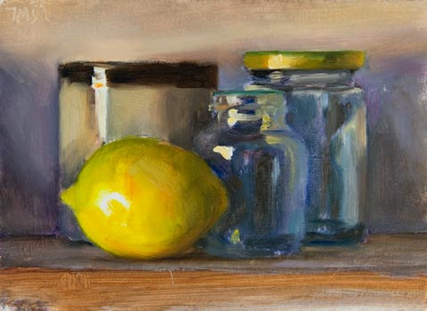 daily painting titled Still Life with Lemon, cup and  jars