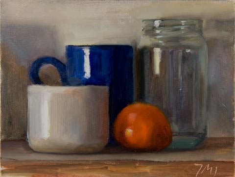 daily painting titled Still Life with Cup, Clementine and Jars