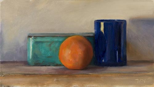 daily painting titled Still Life with Orange, Cup and Tin