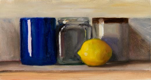 daily painting titled Still Life with Lemon, Jar and Cups