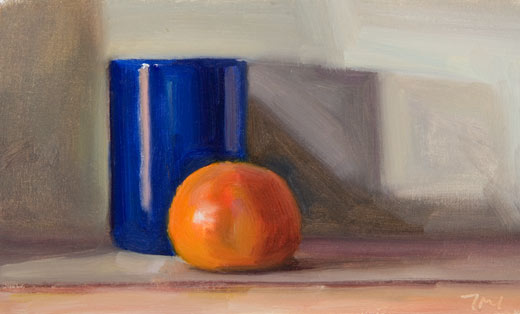 daily painting titled Still Life with Blue Tumbler and Clementine