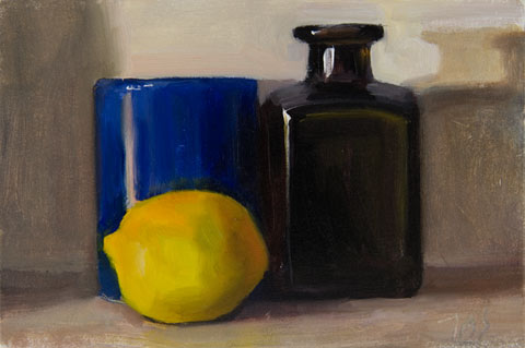 daily painting titled Still Life with Lemon, Cup and Bottle