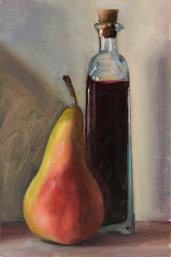 daily painting titled Still Life with Pear and Bottle