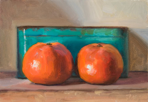 daily painting titled Clementines and Blue Tin