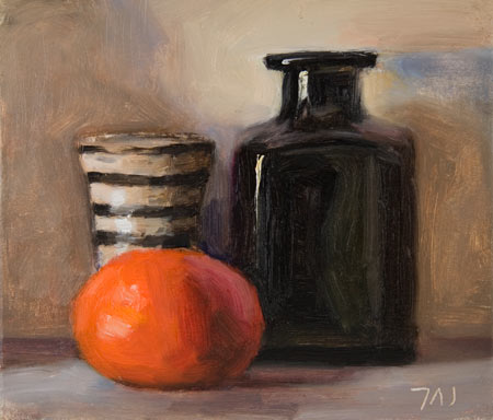 daily painting titled Still Life with Candlestick, Bottle and Clementine