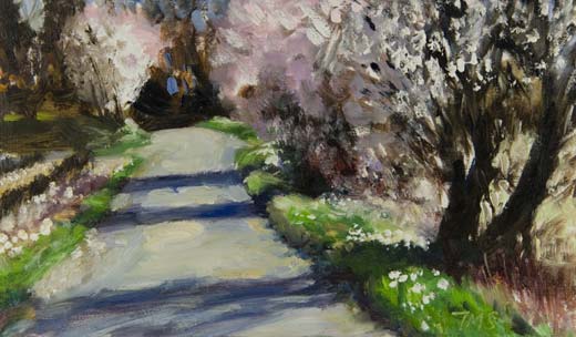 daily painting titled Winter Road (With Blossom and Wildflowers)