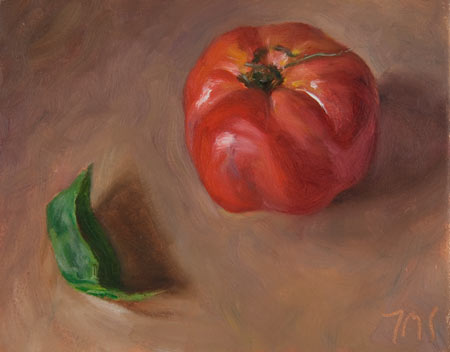 daily painting titled Tomato and Basil Leaf