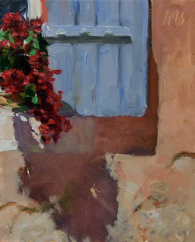 daily painting titled Blue Shutter, Geranium and Shadow