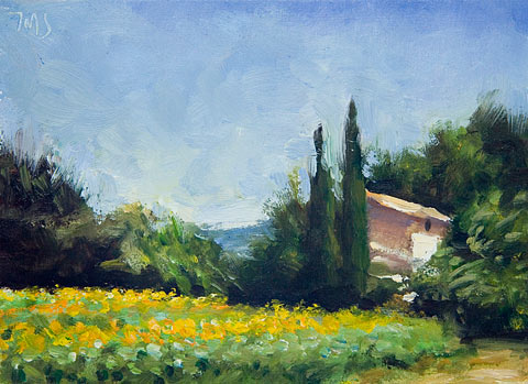 daily painting titled House with Sunflowers