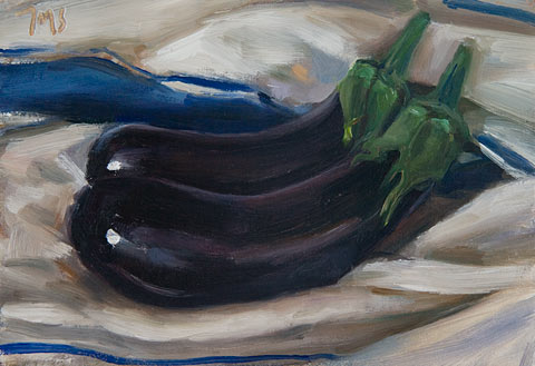 daily painting titled Aubergines on a French Cloth