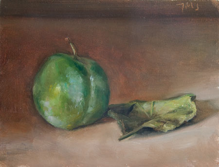daily painting titled Reine Claude Plum and Leaf