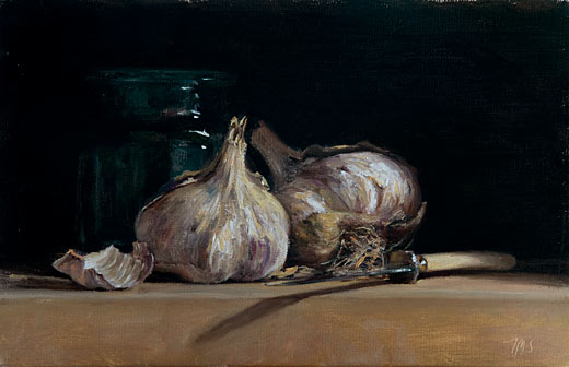 daily painting titled Still Life with Garlic heads, Knife and Jar