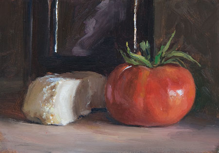 daily painting titled Tomato, Goats Cheese and Bottle