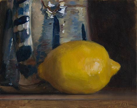 daily painting titled Lemon with Blue Teapot