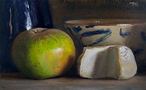 daily painting titled Still Life with Apple and Goats Cheese