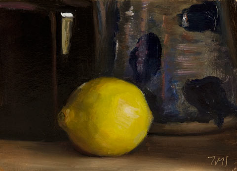 daily painting titled Lemon, Bottle and Teapot