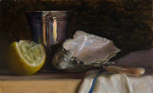 daily painting titled Oyster Shell, Knife, Lemon Quarter and Goblet