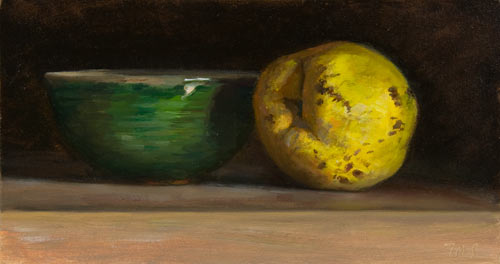 daily painting titled Quince and Green Bowl