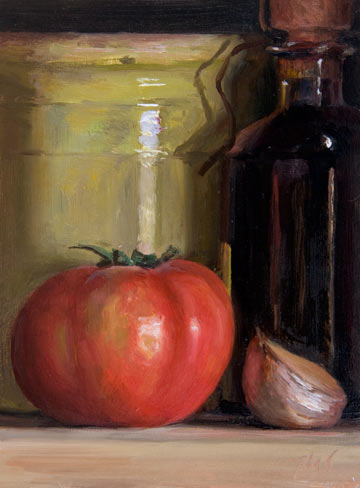 daily painting titled Tomato, Garlic, Balsamic and Confit Pot