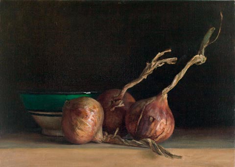 daily painting titled Still Life with Roscoff Onions and Moroccan Bowl
