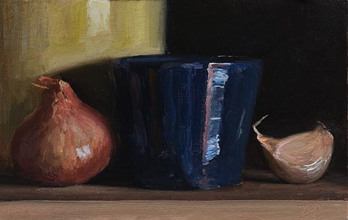 daily painting titled Still Life with Shallot, Garlic and Blue Cup