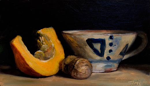 daily painting titled Still Life with Cup, Walnuts and Pumpkin Slice