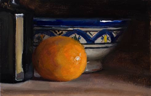 daily painting titled Clementine, Bottle and Moroccan Bowl