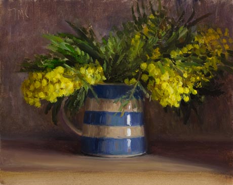 daily painting titled Mimosa in a Cornishware Jug