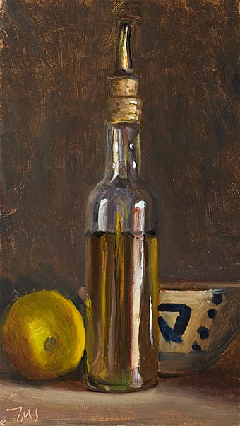 daily painting titled Still Life with Olive Oil Bottle, Lemon and Cup