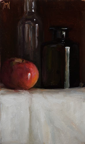 daily painting titled Still Life with Bottles and Red Apple