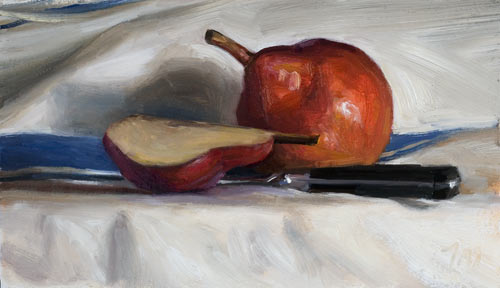 daily painting titled Still Life with Red Pears and Knife on a French Cloth