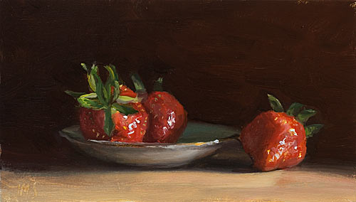 daily painting titled Still Life with Strawberries and Gold Rimmed Saucer