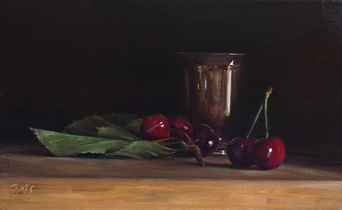 daily painting titled Still Life with Cherries and Silver Goblet