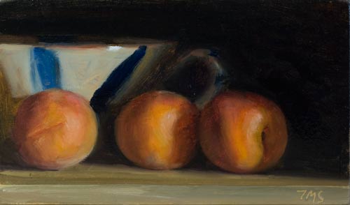 daily painting titled Still Life with Three Apricots and a Cup