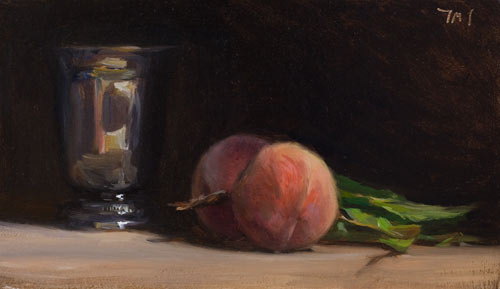 daily painting titled Still Life with Peaches and Silver Goblet