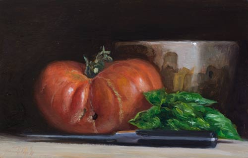 daily painting titled Still Life with Tomato, Basil, Knife and Pot