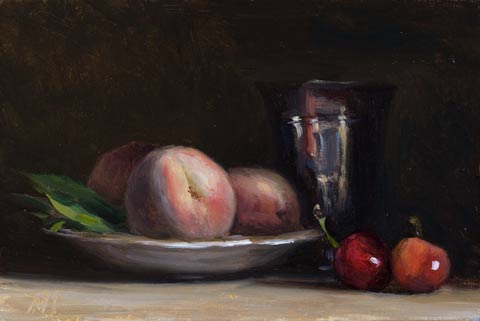 daily painting titled Still Life with Peaches, Cherries and Silver Goblet
