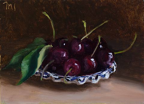 daily painting titled Cherries on a Spanish Plate