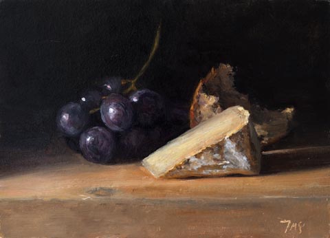 daily painting titled Still Life with Bread, Cheese and Black Grapes