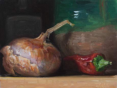 daily painting titled Still Life with Onion, Chili, Bottle and ProvenÃ§al Pot