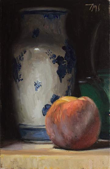 daily painting titled Still Life with Delft Vase, Peach and Japanese Teapot