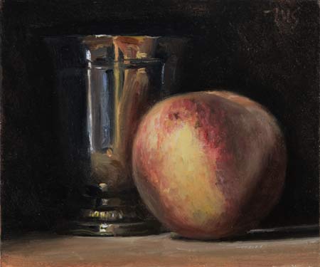 daily painting titled Still Life with Peach and Silver Goblet