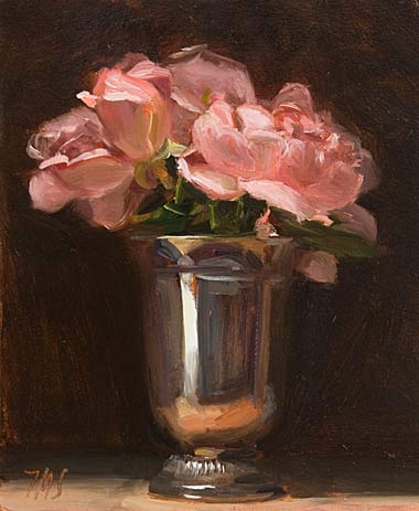 daily painting titled Roses in Silver Goblet